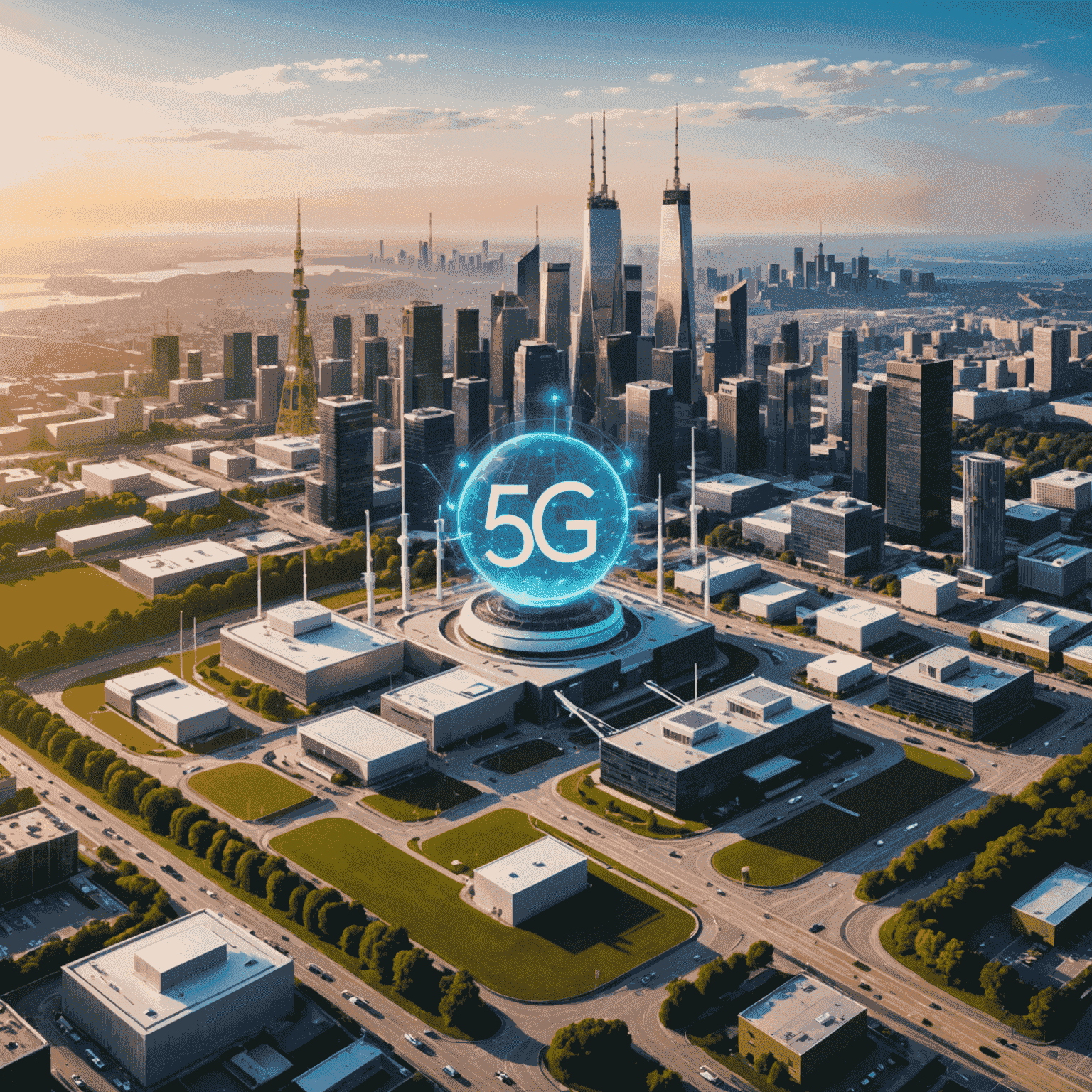 صورة توضيحية لتقنية الجيل الخامس 5G مع هوائيات وأجهزة محمولة متصلة