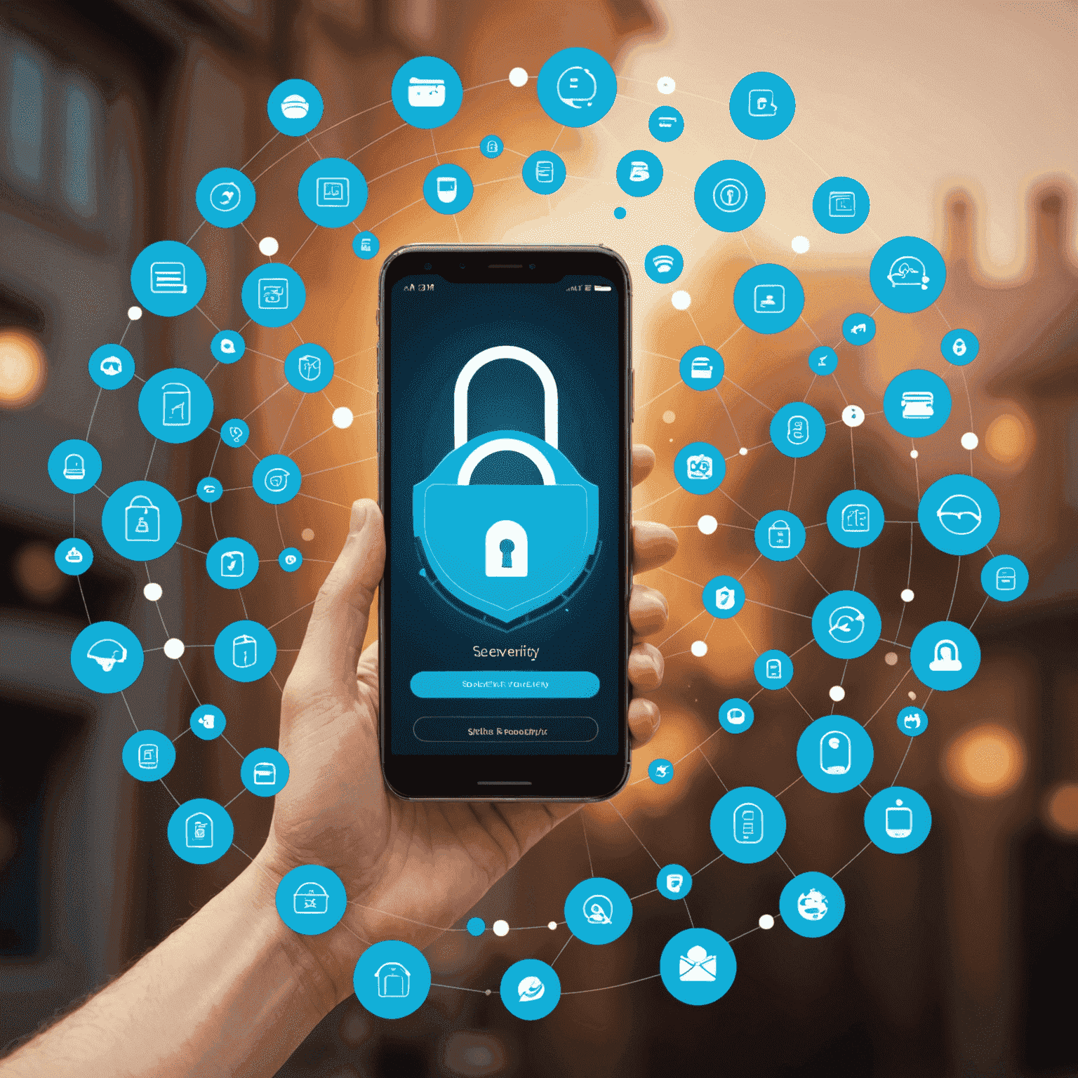 صورة توضيحية لأمان تطبيقات الهاتف المحمول تظهر قفلًا رقميًا على شاشة هاتف ذكي مع رموز الحماية المختلفة حوله
