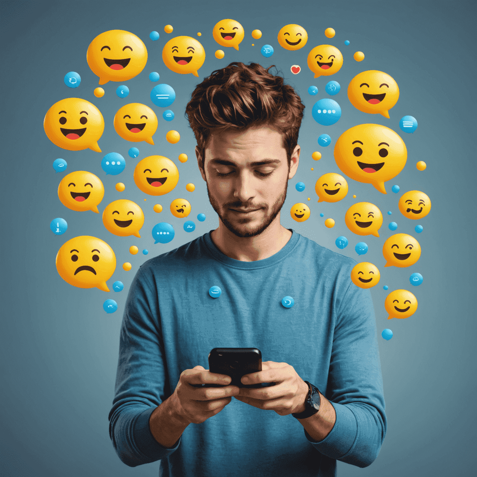 صورة توضيحية لشخص يستخدم هاتفًا ذكيًا لإرسال رسائل نصية قصيرة، مع رموز تعبيرية وفقاعات الدردشة تظهر فوق الهاتف