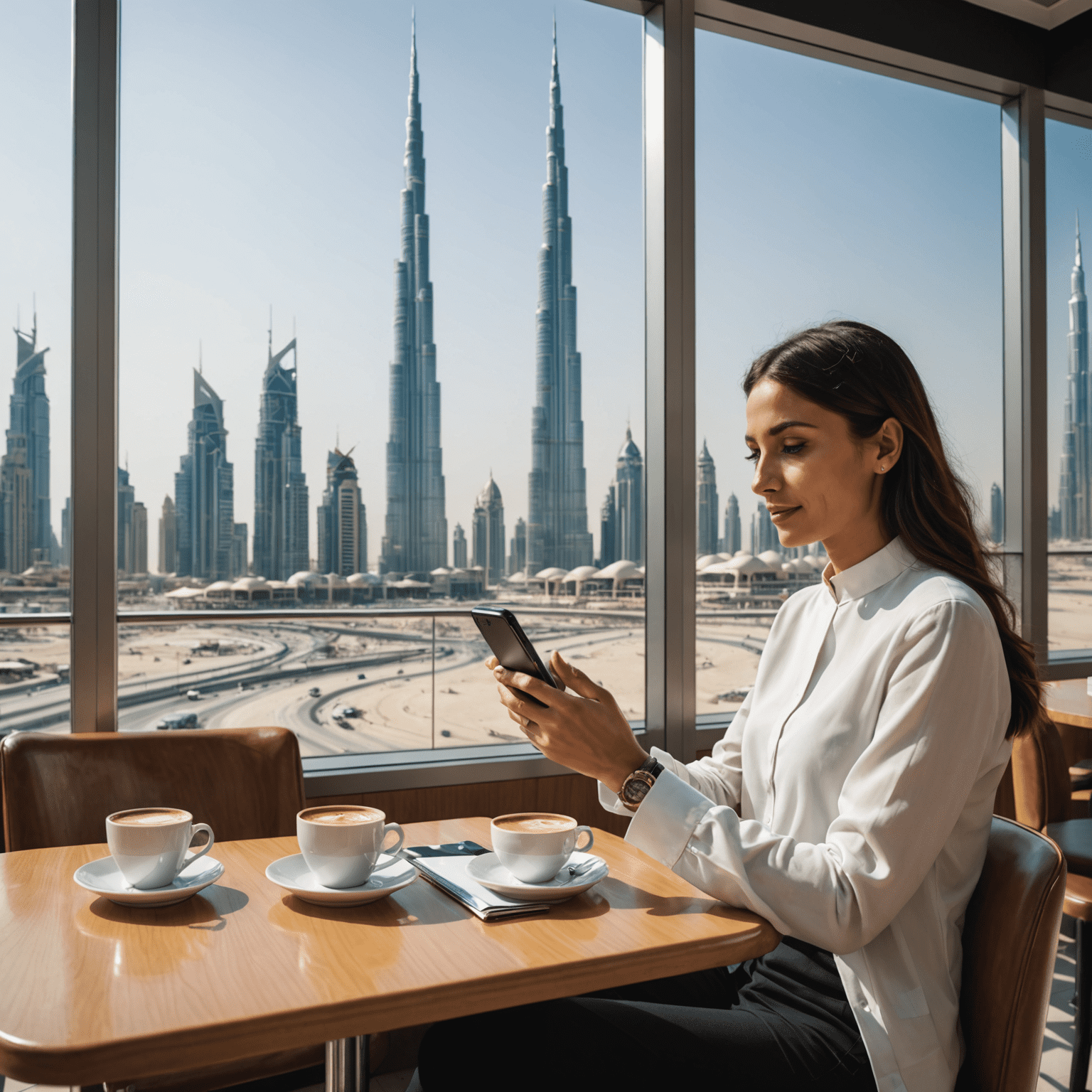 شخص يستخدم هاتفًا ذكيًا للتصفح بسرعة عالية في مقهى في دبي، مع ظهور برج خليفة في الخلفية، مما يوضح سرعة وتغطية شبكة موبيكارم في الإمارات العربية المتحدة
